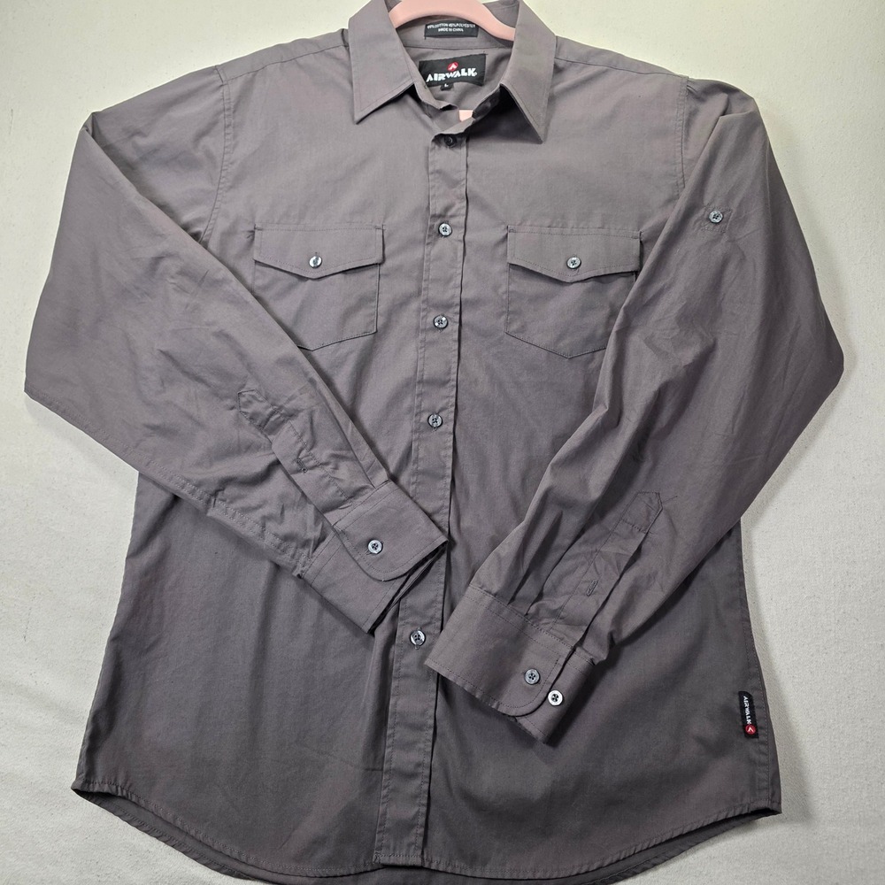 Airwalk Mens Long Sleeve Button Down Utility Shirt Gray Large H580